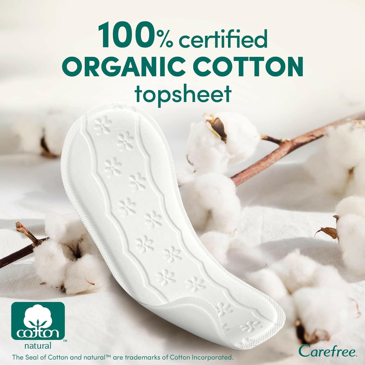 Carefree 100% Organic Cotton Topsheet Long Panty liner, 30 Panty Liners, Air Breathable, Eco Friendly, Recycled Packaging