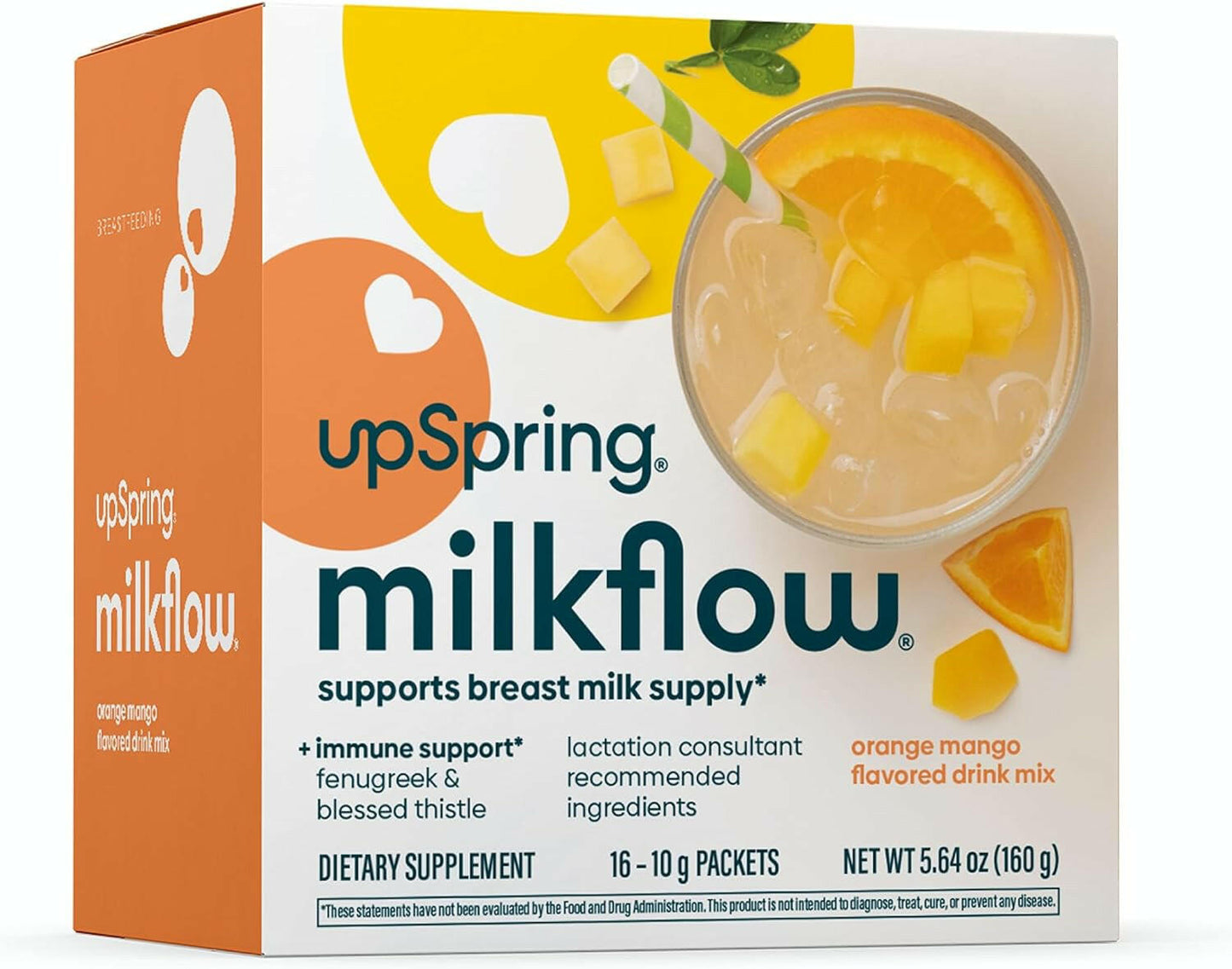 UpSpring Milkflow Immune Support Breastfeeding Supplement Drink Mix with Fenugreek | Orange Mango Flavor | Lactation Supplement to Support Breast Milk Supply | 16 Drink Mixes