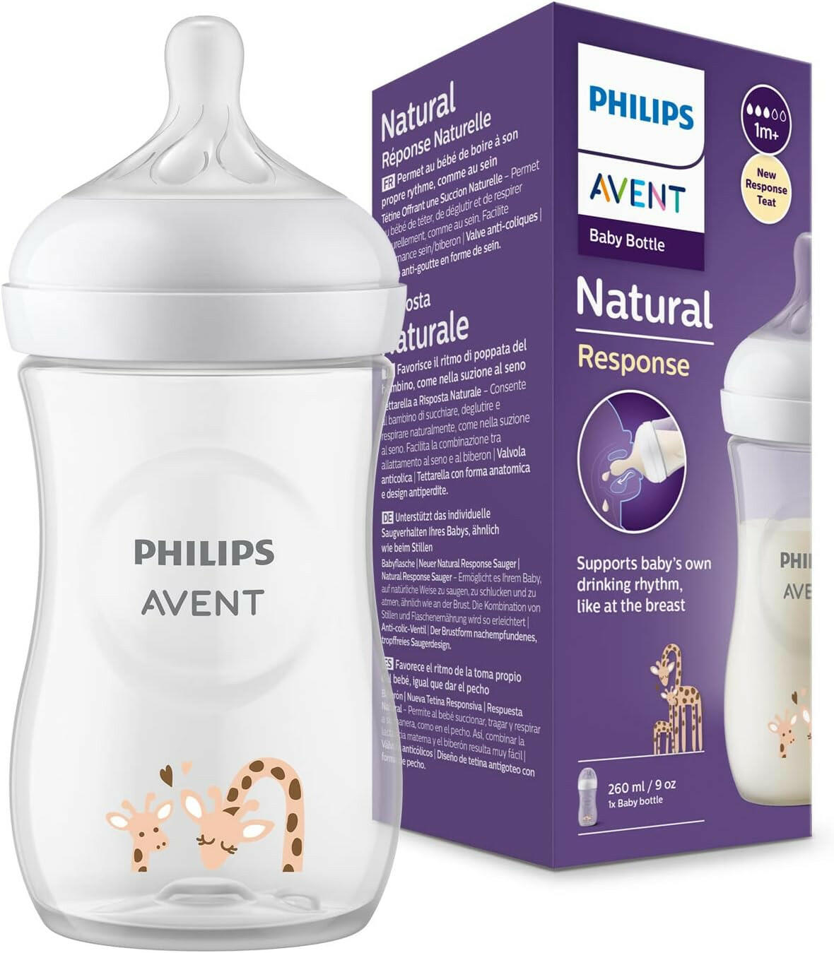 Philips Avent Natural Response Baby Bottle - 260ml Baby Milk Bottle, BPA Free for Babies 1 Month+, Giraffe Pattern