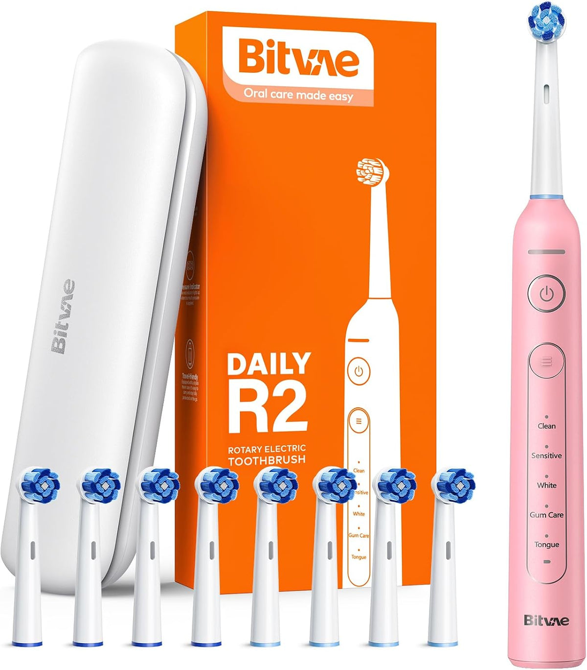 Bitvae R2 Electric Toothbrush Pink + 8pcs Brush Head + 1pc Travel Case