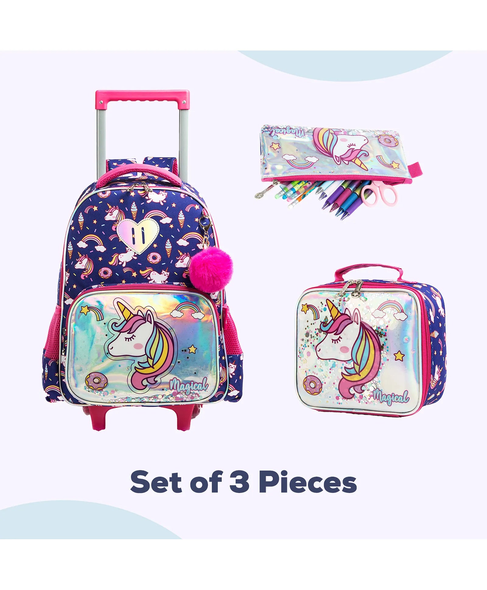 Eazy Kids Set of 3 Trolley School Bag Lunch Bag & Pencil Case