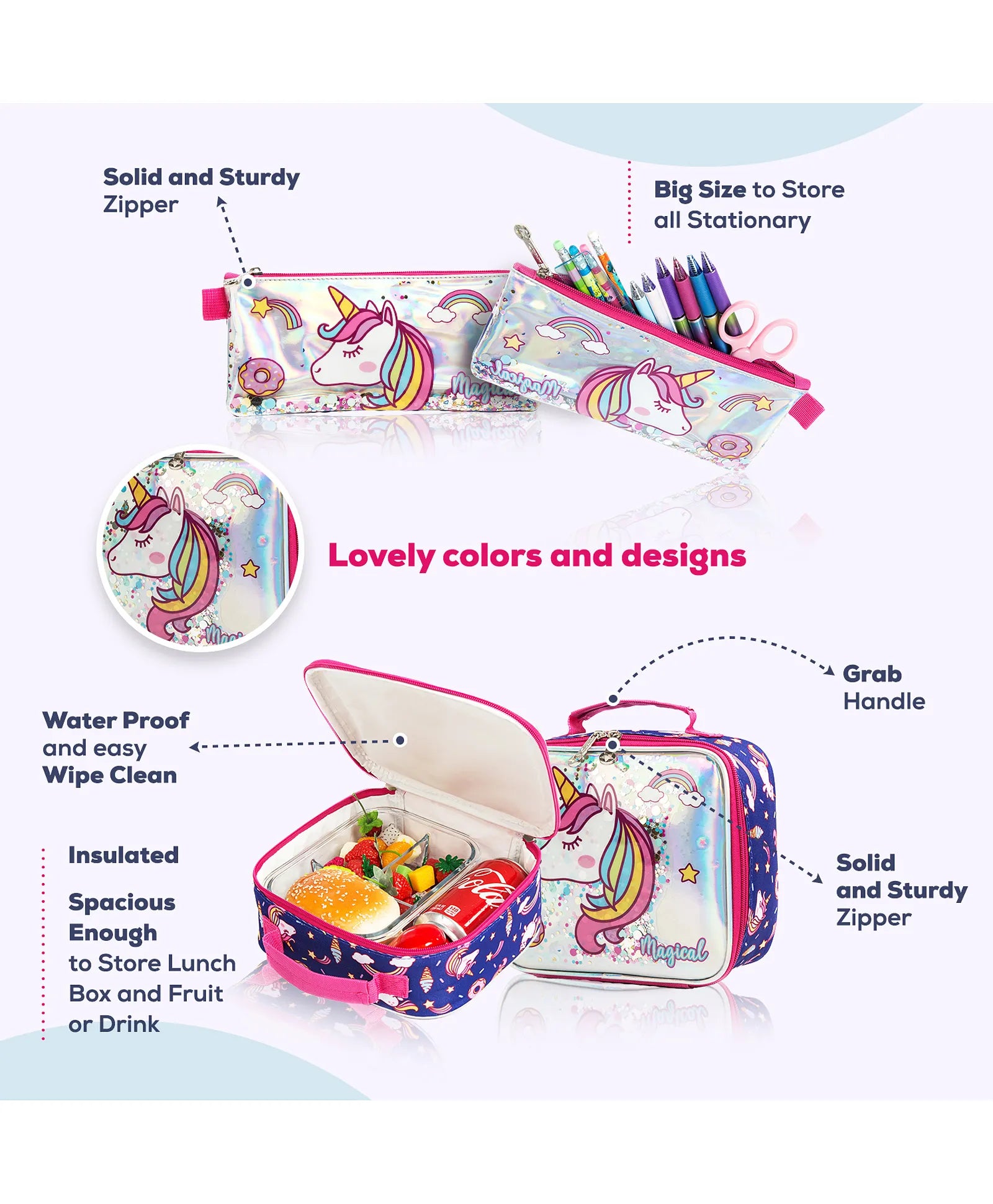 Eazy Kids Set of 3 Trolley School Bag Lunch Bag & Pencil Case