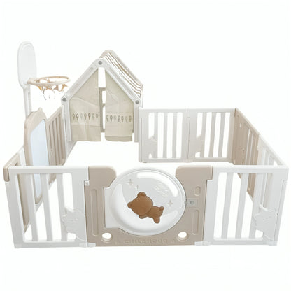 Little Toddlers Bear Moon Playpen (No Mat, Drawing Board+Basketball Hoop+Small House+Swing+Moon Light)