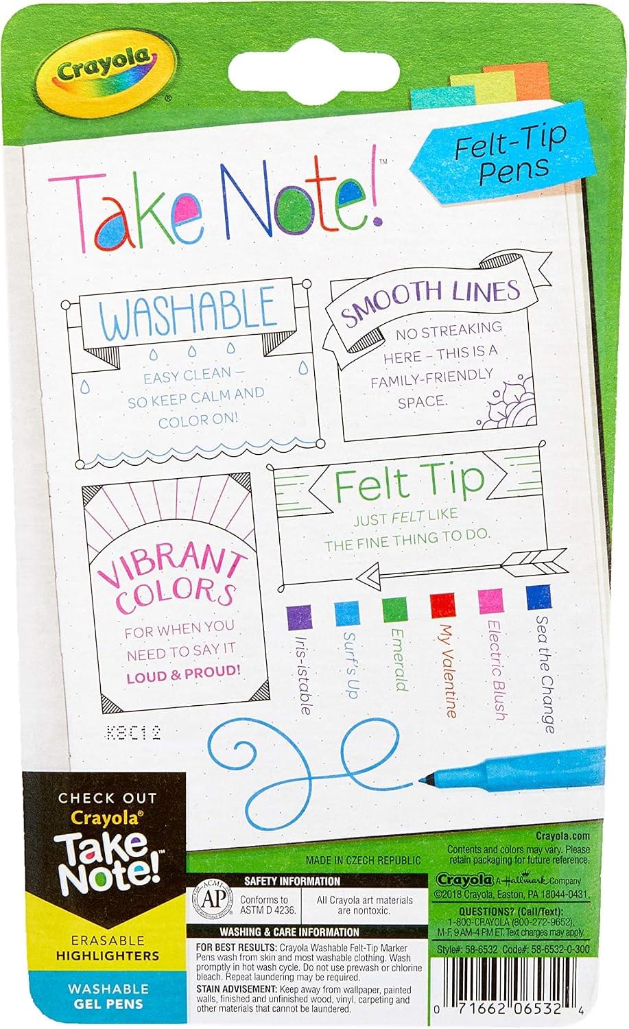 Crayola Take Note Washable Felt Tip Pens, Pack of 6
