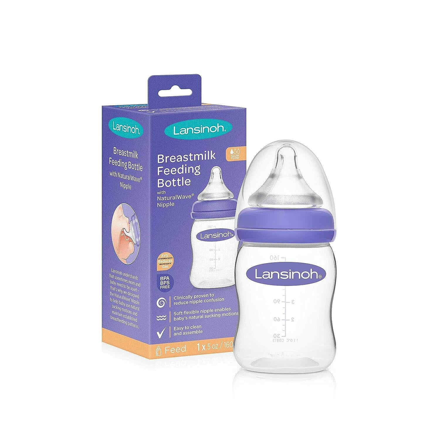 Lansinoh Plastic Feeding Bottle, Slow Flow Nipple, 160 ML