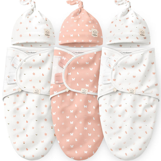 Keababies Soothe Swaddle Wraps with Knot Hats (Butterflies) - Pack of 3