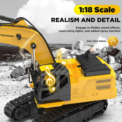 HANFLY - 1:18 Scale Remote Control Excavator Toy with Metal Bucket, Lights & Sounds