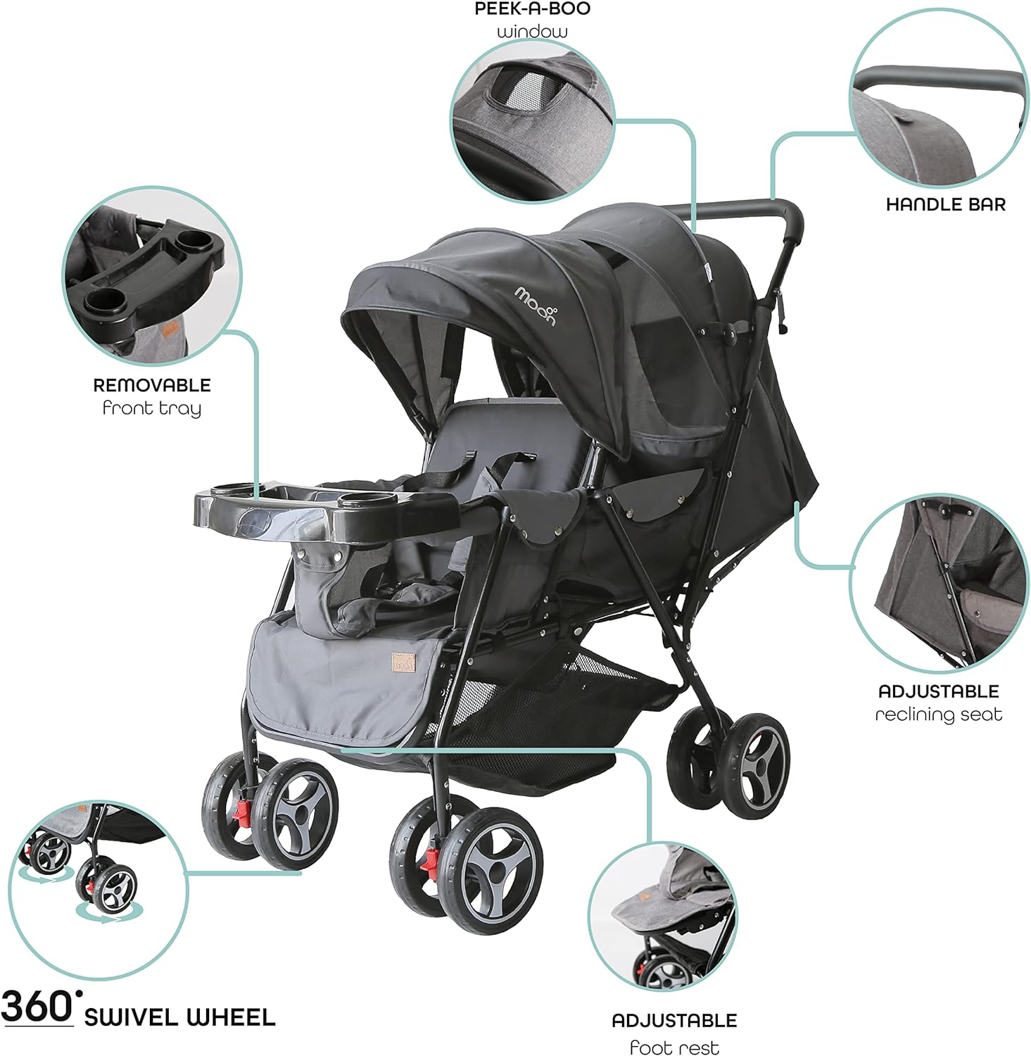 MOON Magnum Tandem Easy Fold Twin Travel Stroller, Black