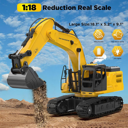 HANFLY - 1:18 Scale Remote Control Excavator Toy with Metal Bucket, Lights & Sounds