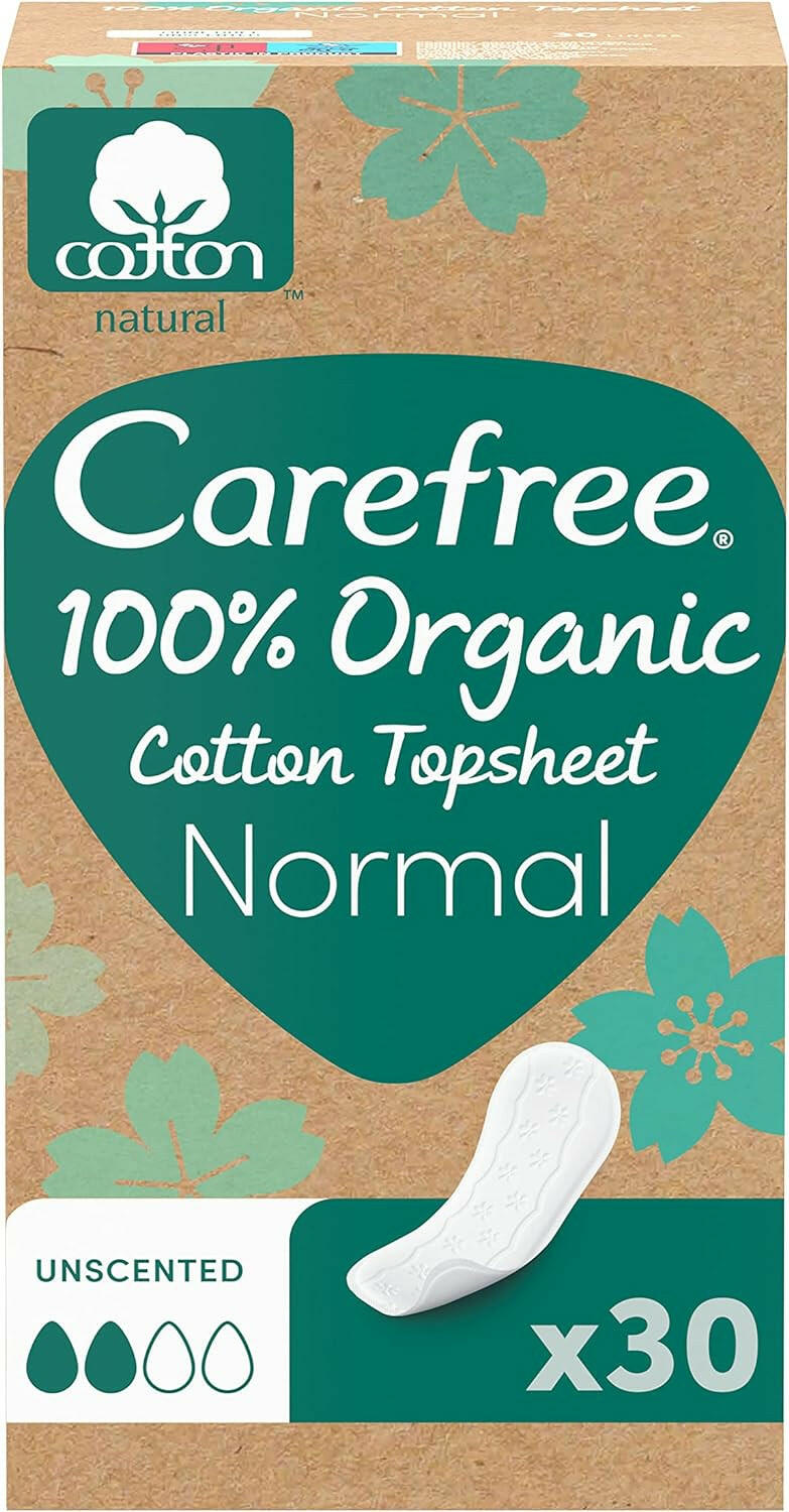 Carefree 100% Organic Cotton Topsheet Long Panty liner, 30 Panty Liners, Air Breathable, Eco Friendly, Recycled Packaging