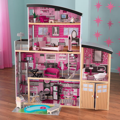 KidKraft - Sparkle Mansion Wooden Dollhouse - Pink - 30 Pieces.