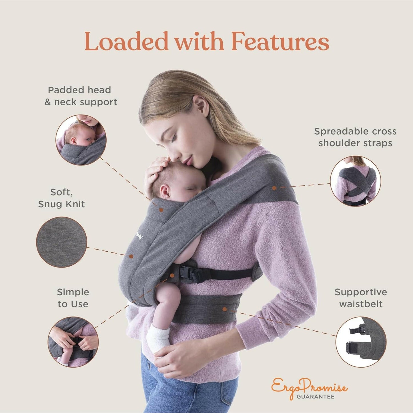 حاملة لفافة الأطفال حديثي الولادة Embrace Cozy من Ergobaby (7-25 كجم)، نسيج بونتي، رمادي منقط