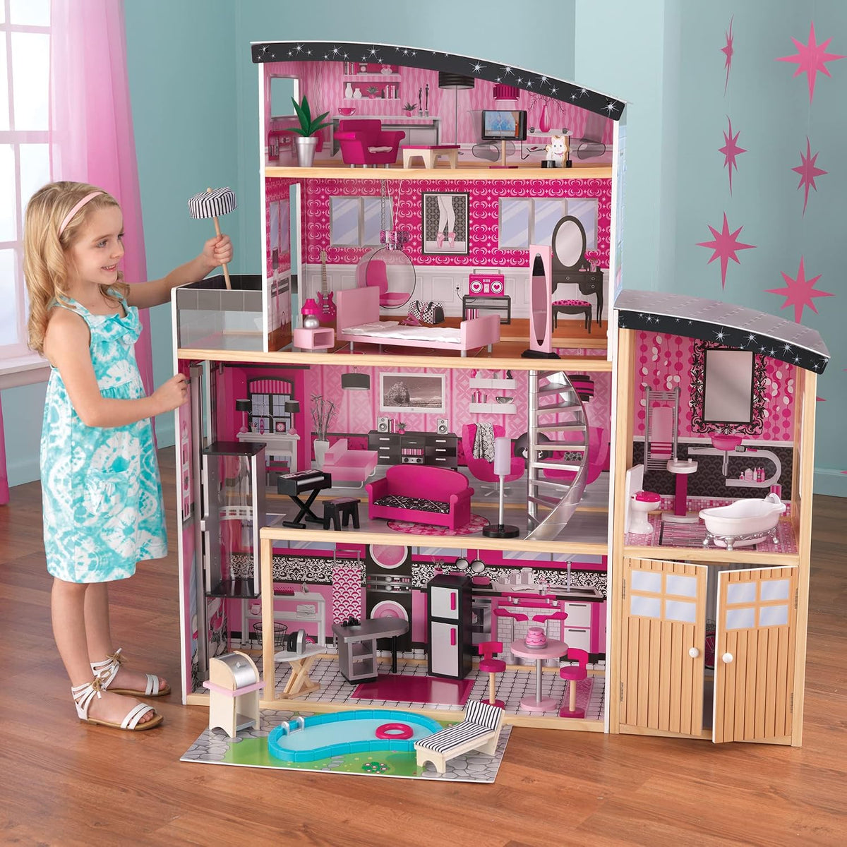 KidKraft - Sparkle Mansion Wooden Dollhouse - Pink - 30 Pieces.