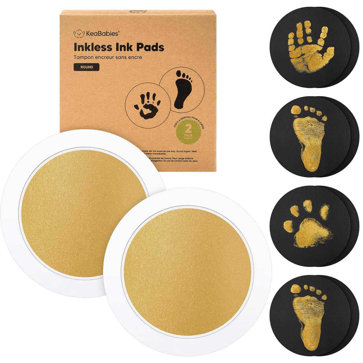 KeaBabies 2-Pack Round Inkless Baby Hand & Footprint Kit – Gold