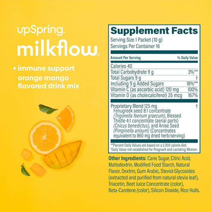 UpSpring Milkflow Immune Support Breastfeeding Supplement Drink Mix with Fenugreek | Orange Mango Flavor | Lactation Supplement to Support Breast Milk Supply | 16 Drink Mixes