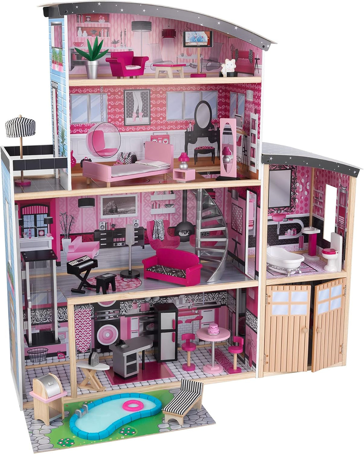 KidKraft - Sparkle Mansion Wooden Dollhouse - Pink - 30 Pieces.