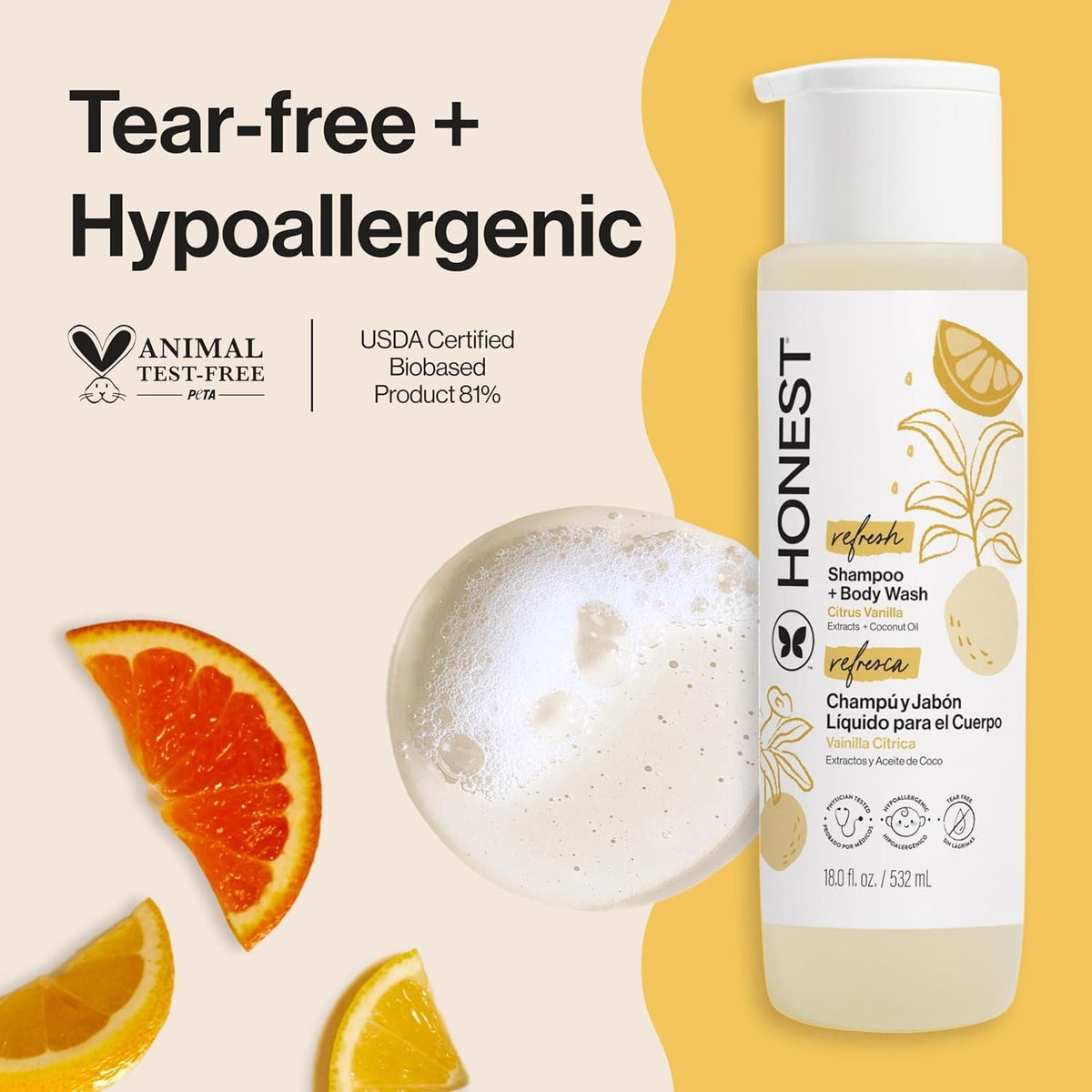 The Honest Company Perfectly Gentle Sweet Orange Vanilla Shampoo + Body Wash.