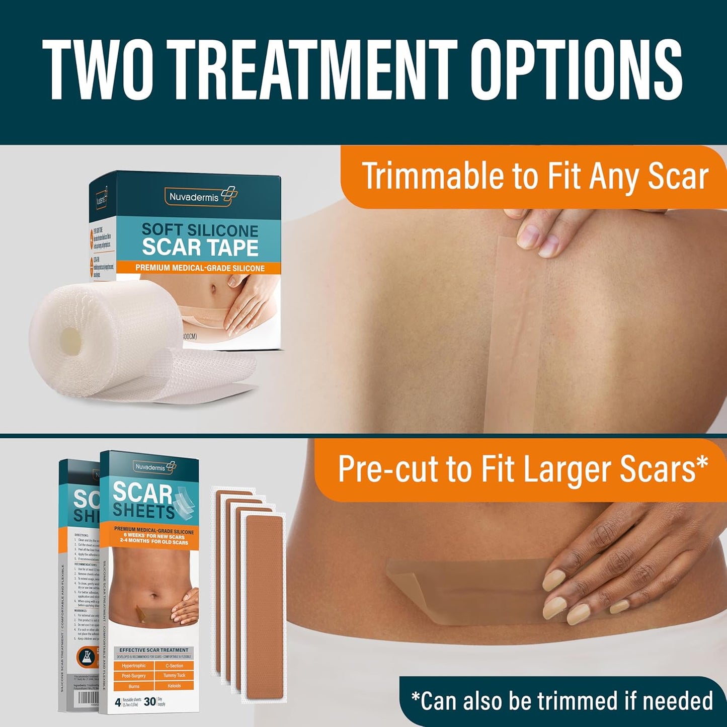 Nuvadermis Silicone Scar Sheets - Extra Long Scar Sheets for C-Section, Tummy Tuck, Keloid, and Surgical Scars - Reusable Medical Grade Silicone Scar Sheets - Pack of 4