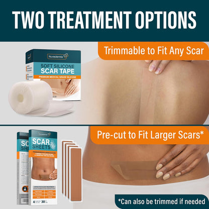 Nuvadermis Silicone Scar Sheets - Extra Long Scar Sheets for C-Section, Tummy Tuck, Keloid, and Surgical Scars - Reusable Medical Grade Silicone Scar Sheets - Pack of 4