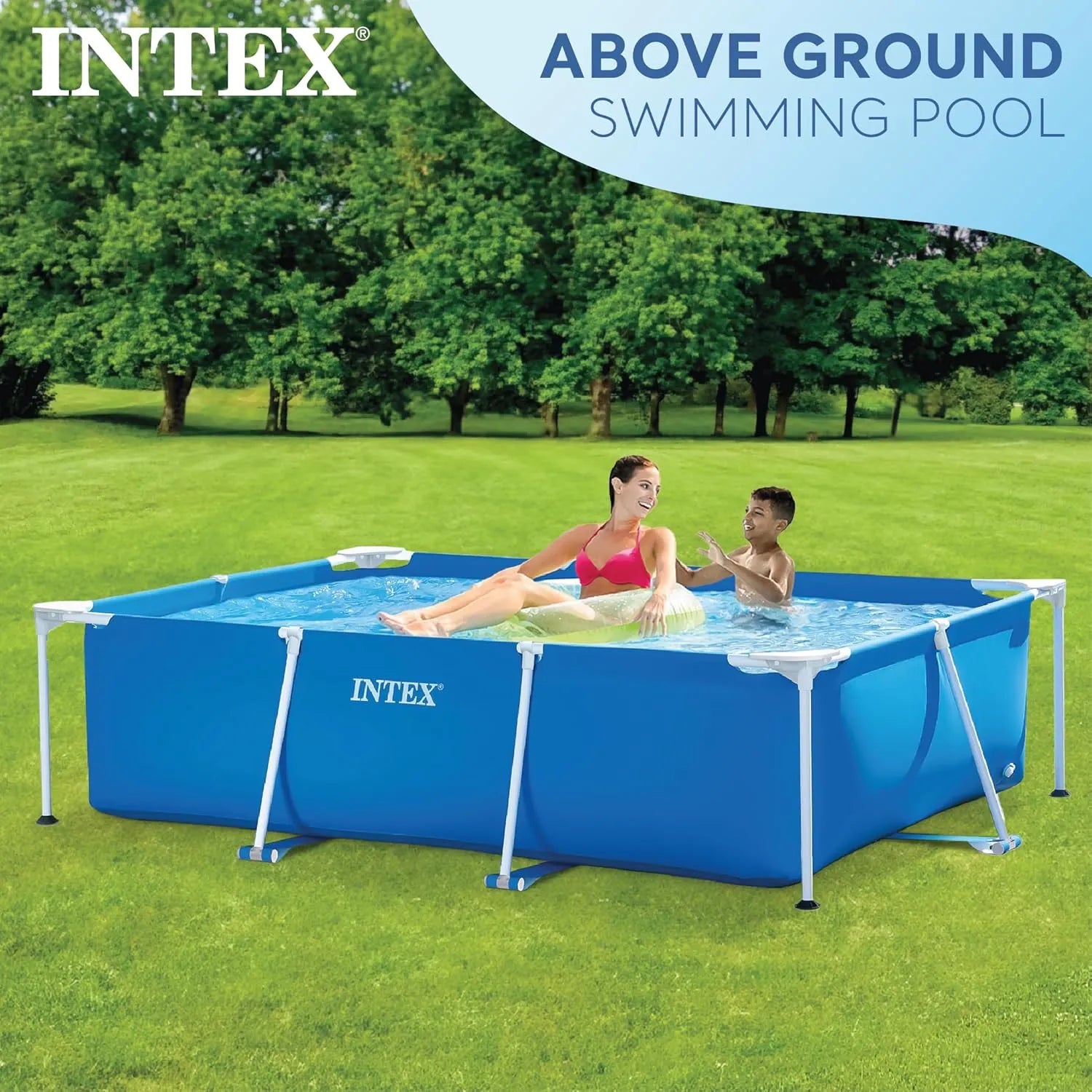 Intex Rectangular Frame Above Ground Outdoor Home Backyard Splash Swimming Pool with Flow Control Valve For Draining (102x25)