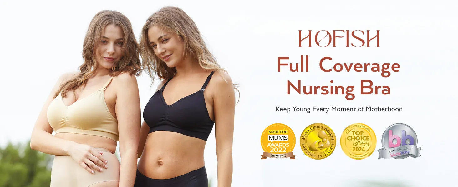 Hofish Maternity Nursing Bra for Breastfeeding Pregnancy Deep V Neck Wireless Bra with Extenders & Clips - Pack of 3