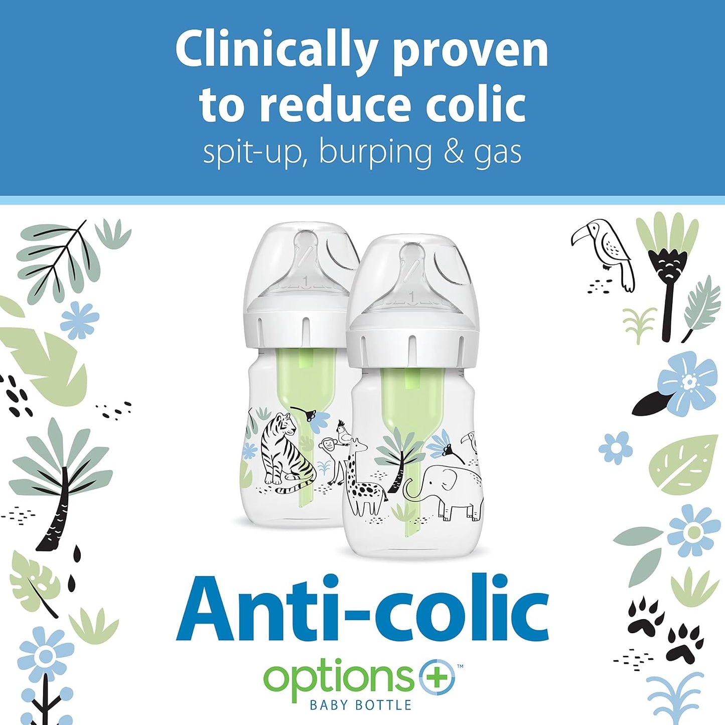 Dr. Brown's Wide Neck Anti Colic Options+ Baby Bottle (150ml, Jungle) - Pack of 2