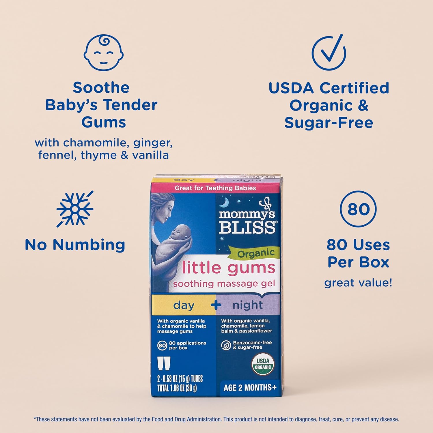 Mommy's Bliss Organic Little Gums Soothing Massage Gel Day and Night Combo, Great for Teething Babies, Age 2 Months+, Sugar Free, Mild & Sweet Flavor, 2 - 0.53 Oz Tubes