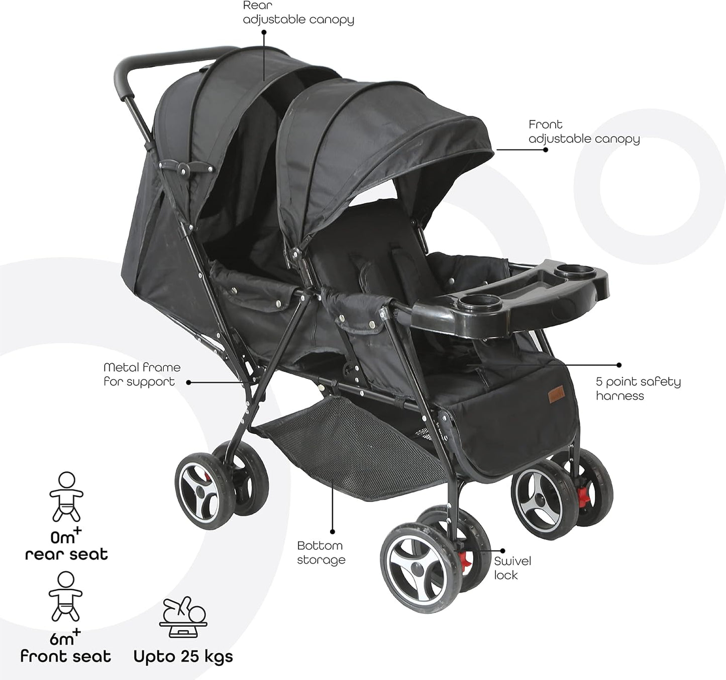 MOON Magnum Tandem Easy Fold Twin Travel Stroller, Black
