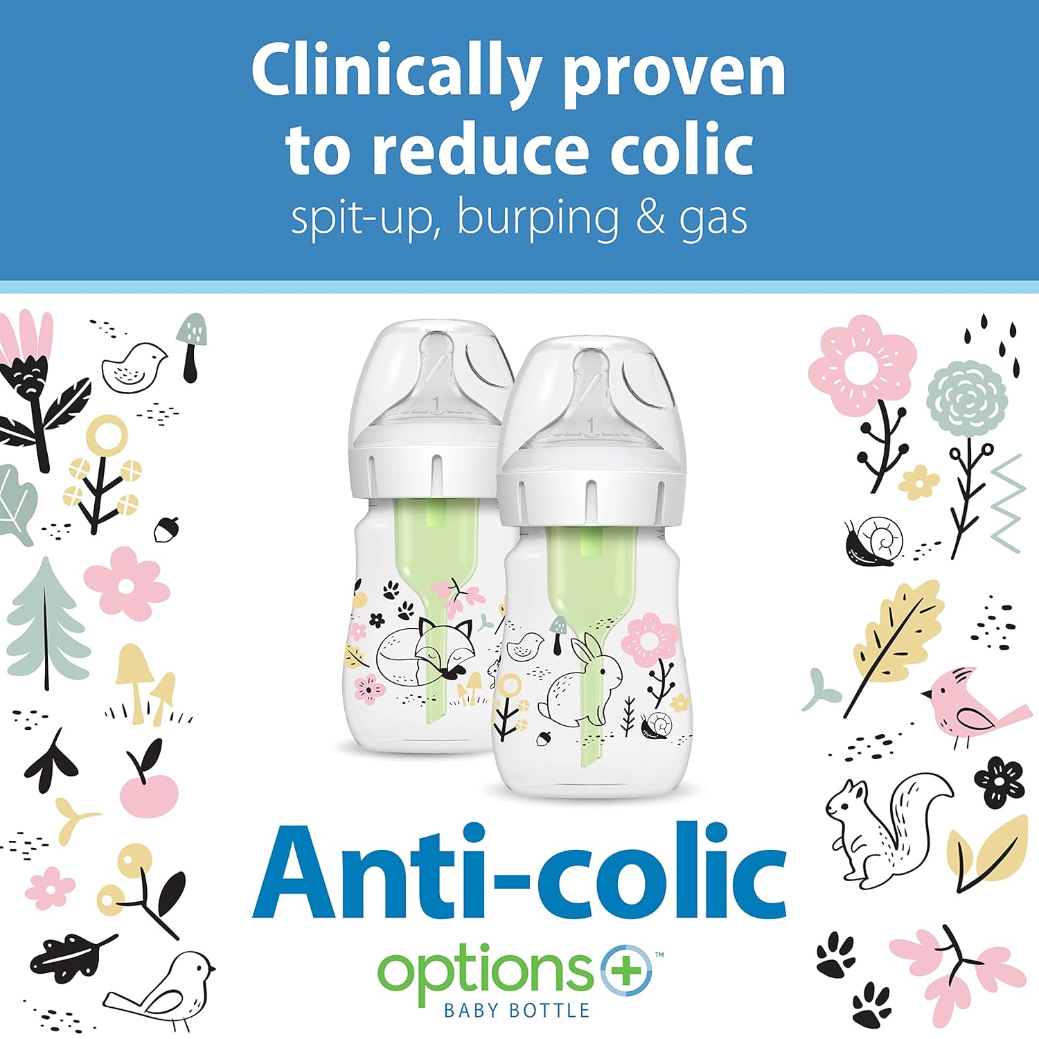 Dr. Brown’s Natural Flow Anti Colic Options + Wide-Neck Baby Bottle Designer Edition Bottles, Woodland Decos (5oz/150ml) - Pack of 2