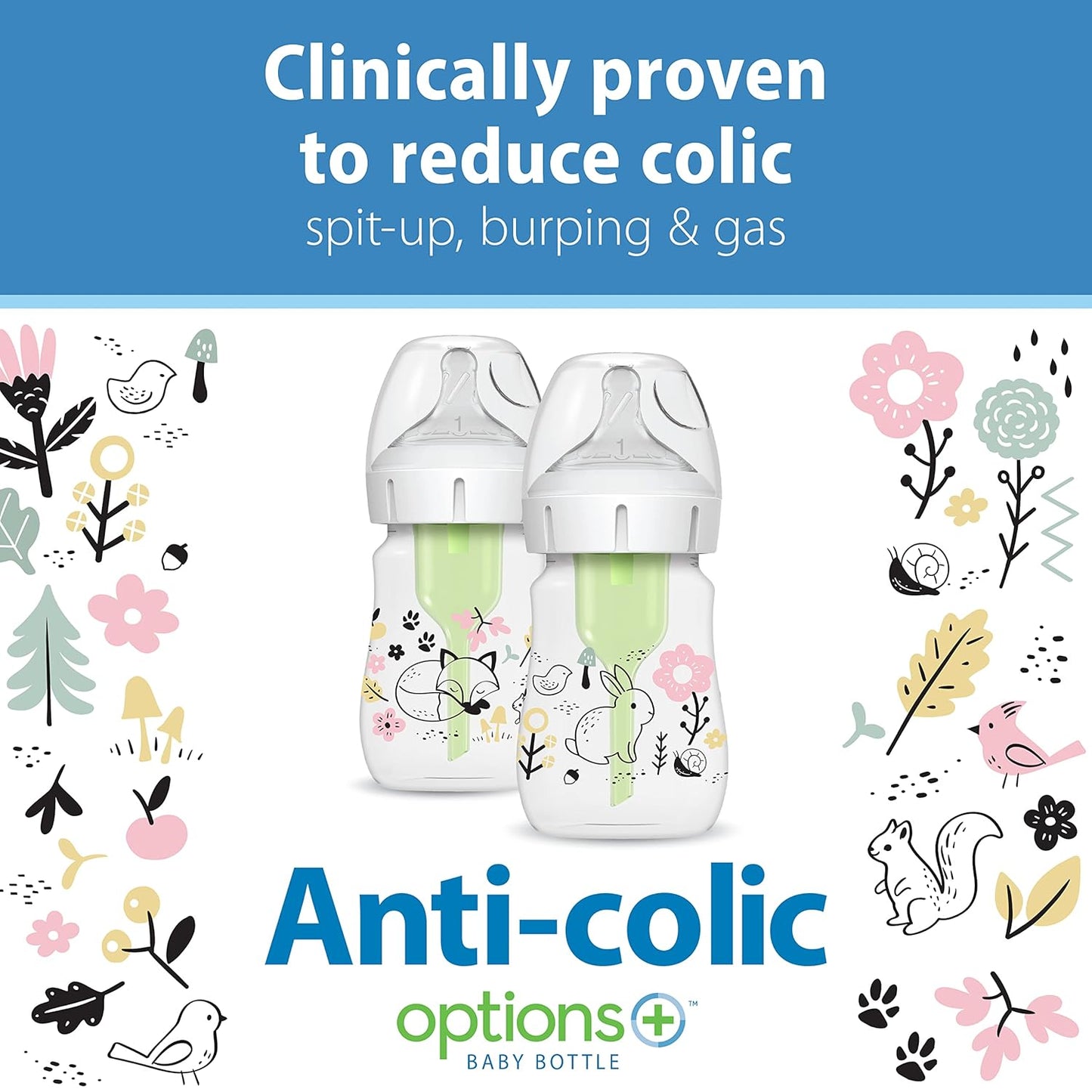 Dr. Brown’s Natural Flow Anti Colic Options + Wide-Neck Baby Bottle Designer Edition Bottles, Woodland Decos (5oz/150ml) - Pack of 2