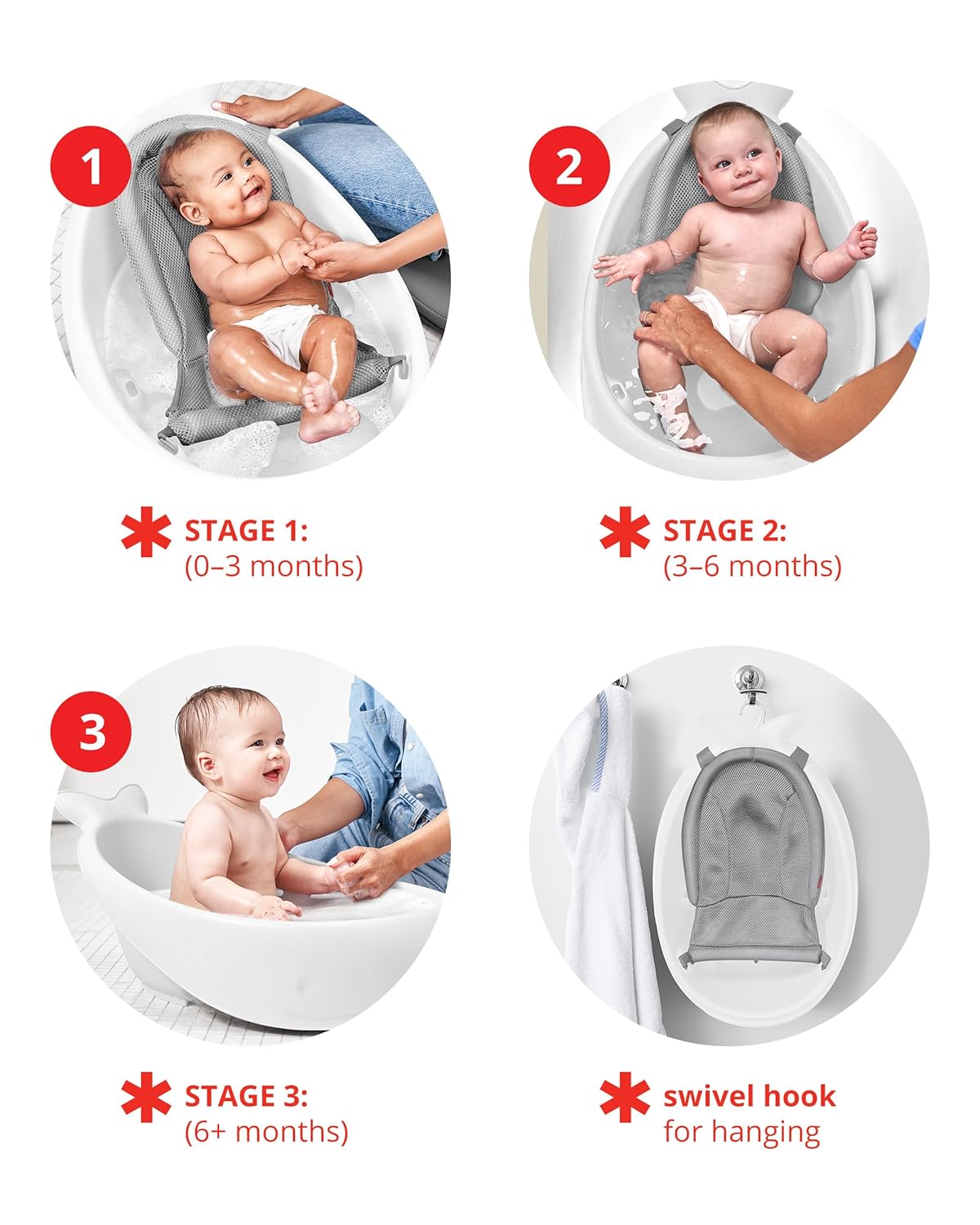 Skip Hop Moby Bathtub - 3-Stage Smart Sling Tub, Moby, White