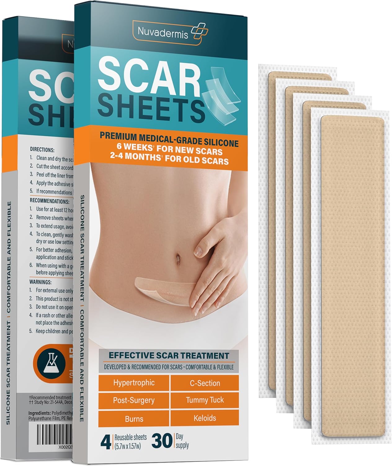 Nuvadermis Silicone Scar Sheets - Extra Long Scar Sheets for C-Section, Tummy Tuck, Keloid, and Surgical Scars - Reusable Medical Grade Silicone Scar Sheets - Pack of 4