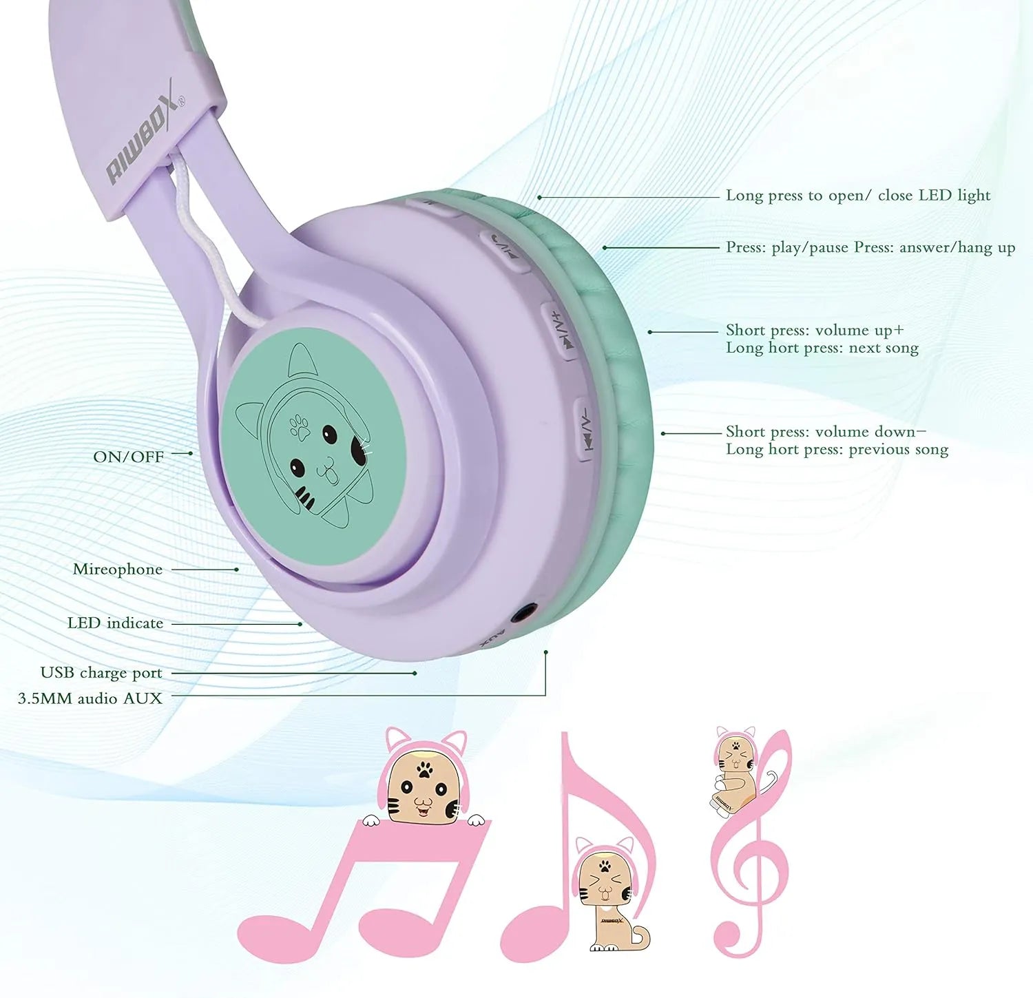 Riwbox Cat Ear Bluetooth Headphones With LED (Purple/Green)