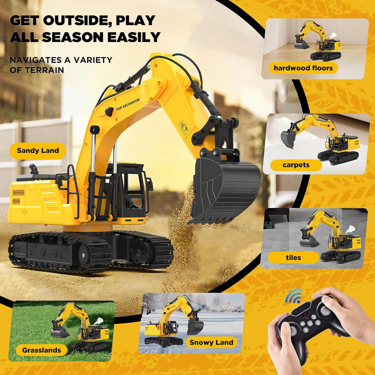 HANFLY - 1:18 Scale Remote Control Excavator Toy with Metal Bucket, Lights & Sounds