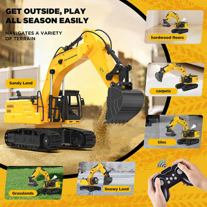 HANFLY - 1:18 Scale Remote Control Excavator Toy with Metal Bucket, Lights & Sounds