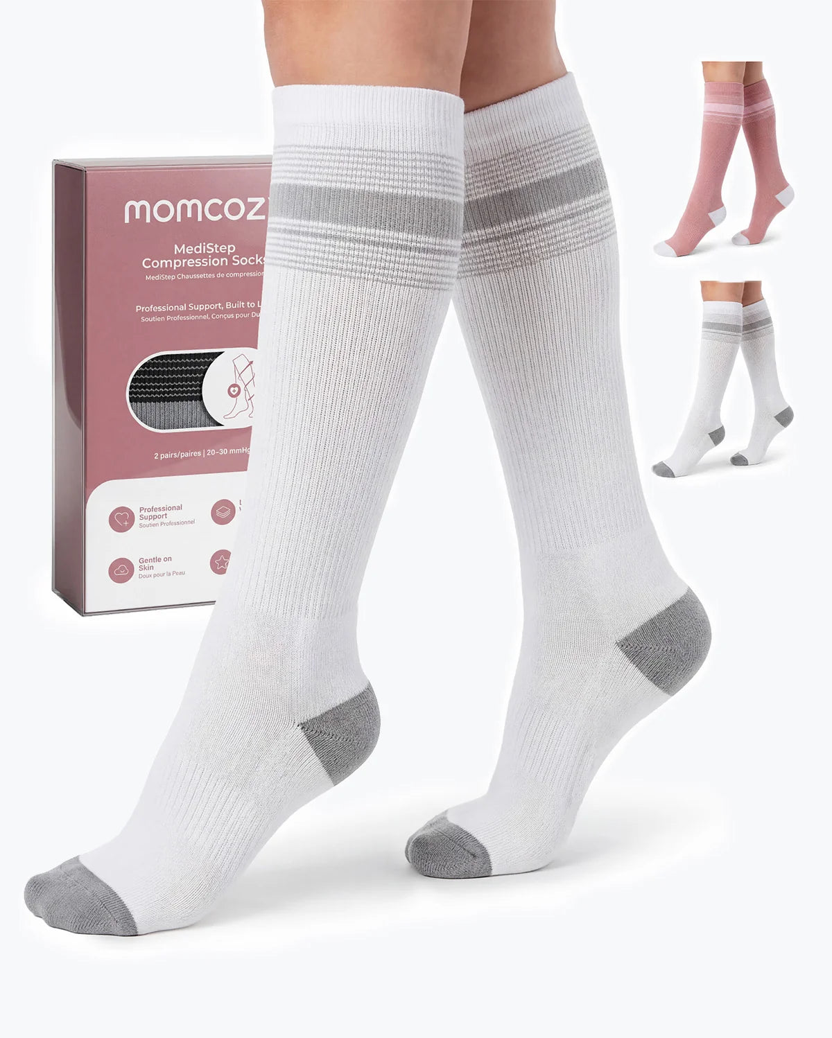 Momcozy Medical Compression Socks (White/Pink, Small) - Pack of 2