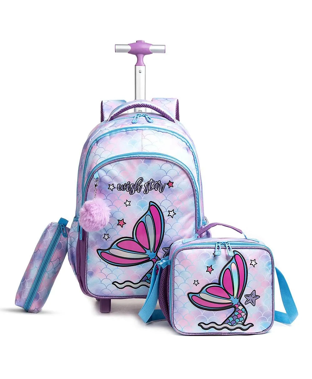 Eazy Kids Set of 3 Trolley School Bag with Lunch Bag & Pencil Case (Mermaid Purple)