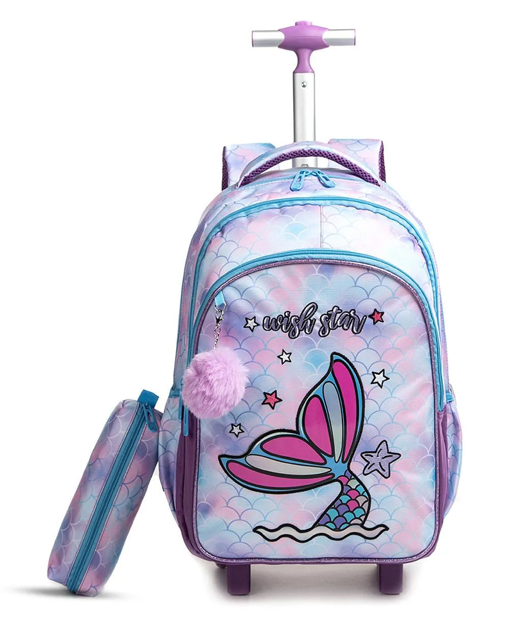 Eazy Kids Set of 3 Trolley School Bag with Lunch Bag & Pencil Case (Mermaid Purple)