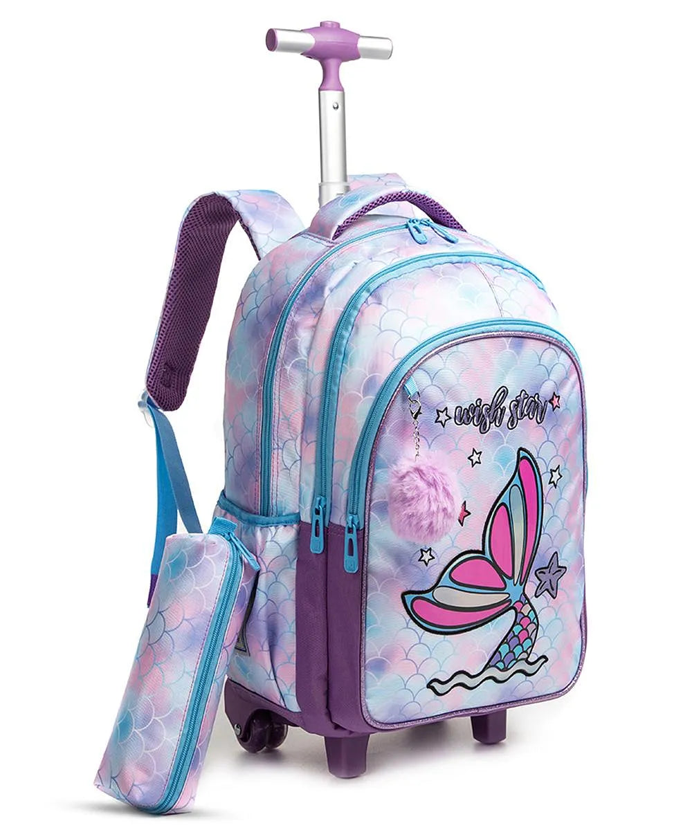 Eazy Kids Set of 3 Trolley School Bag with Lunch Bag & Pencil Case (Mermaid Purple)