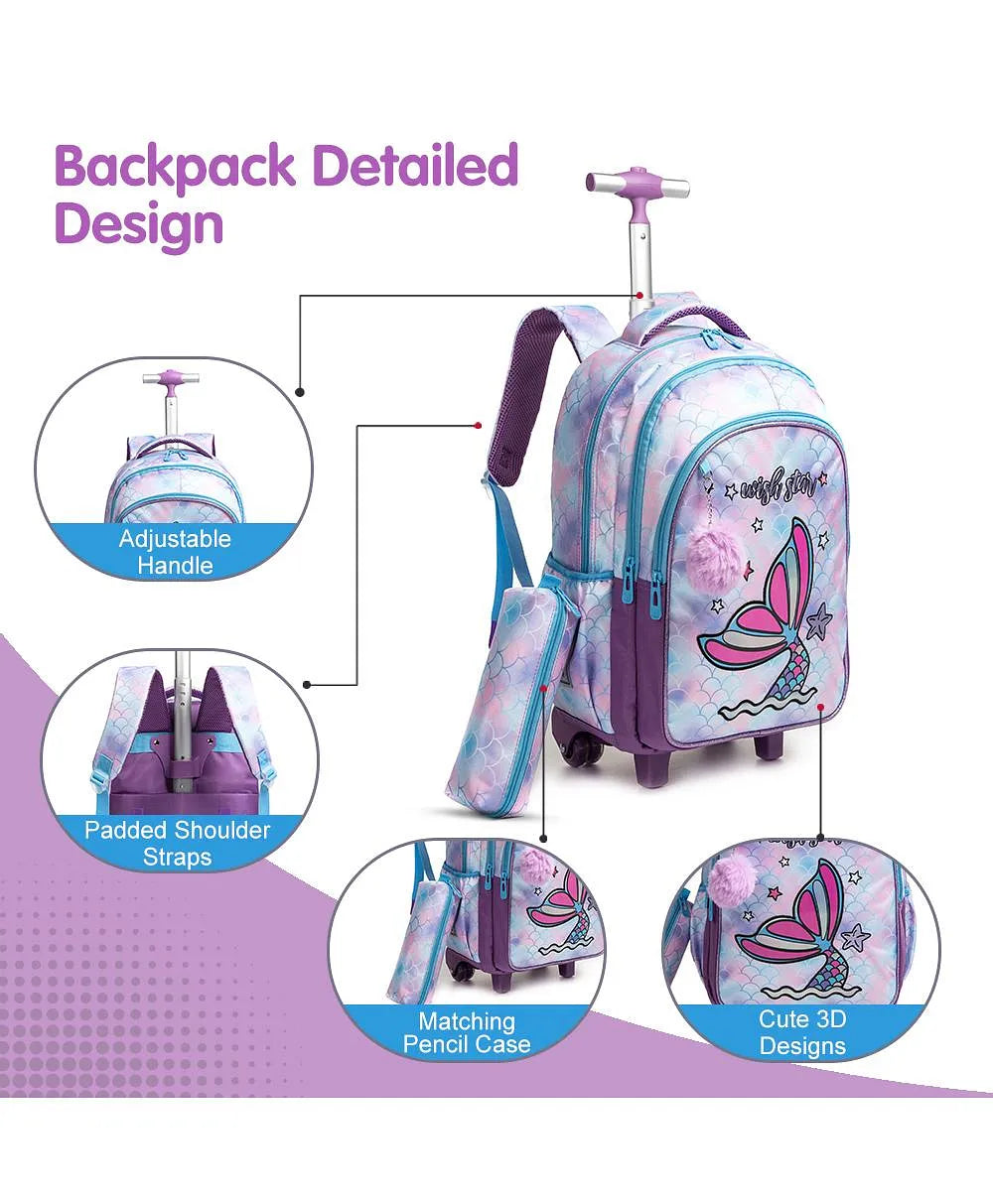 Eazy Kids Set of 3 Trolley School Bag with Lunch Bag & Pencil Case (Mermaid Purple)