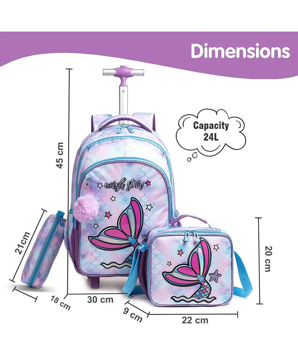 Eazy Kids Set of 3 Trolley School Bag with Lunch Bag & Pencil Case (Mermaid Purple)