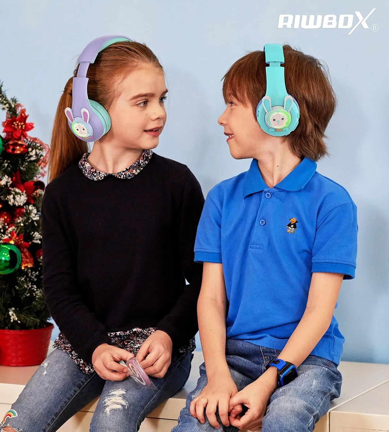 Riwbox Cat Ear Bluetooth Headphones With LED (Purple/Green)