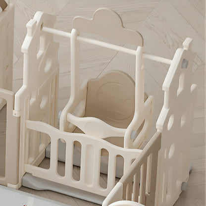 Little Toddlers Bear Moon Playpen (No Mat), Drawing Board, Basketball Hoop, Small House, Swing - Slide, White - Biege