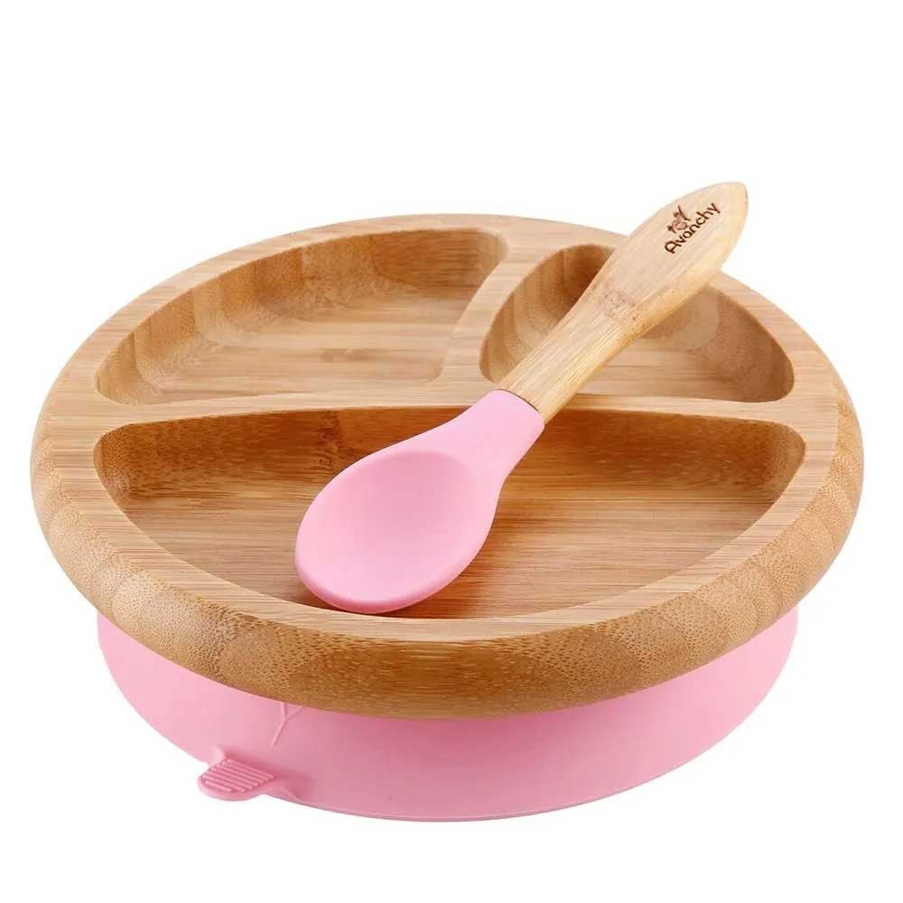 Bamboo Suction Plate With Spoon by Avanchy - Pink.