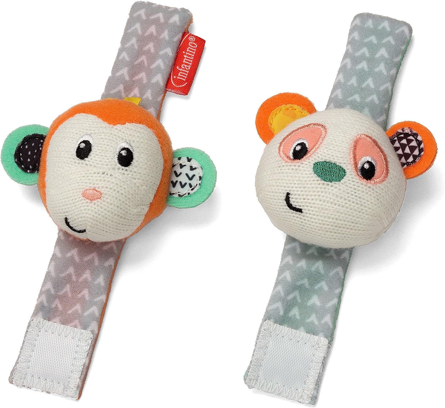 Infantino Baby Wrist Rattles, Monkey and Panda-Themed, 1-Piece Set for Babies 0M+.