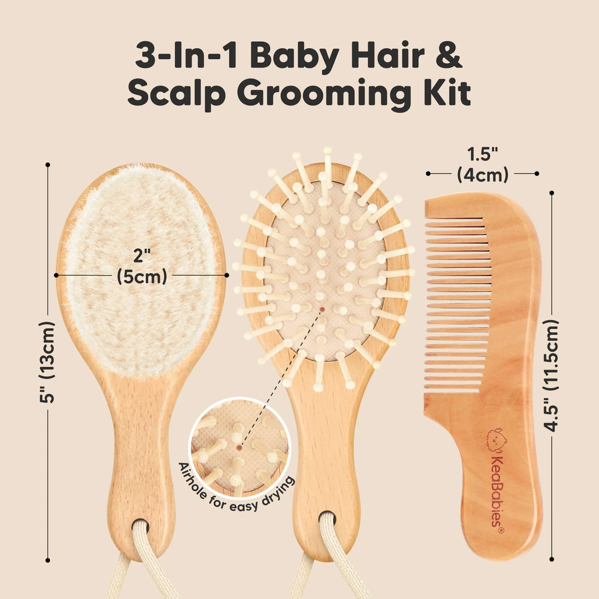 Keababies Baby Hair Brush and Comb Set (Golden Oak)