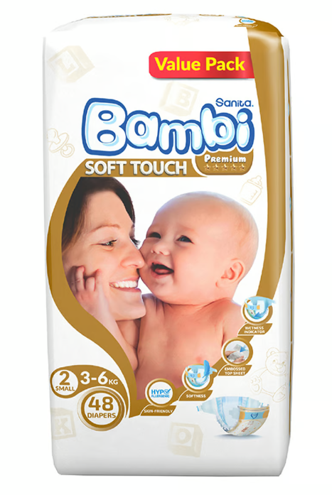 Sanita Bambi Baby Diaper Soft Touch Premium, Newborn/Size Value Pack, 48pcs