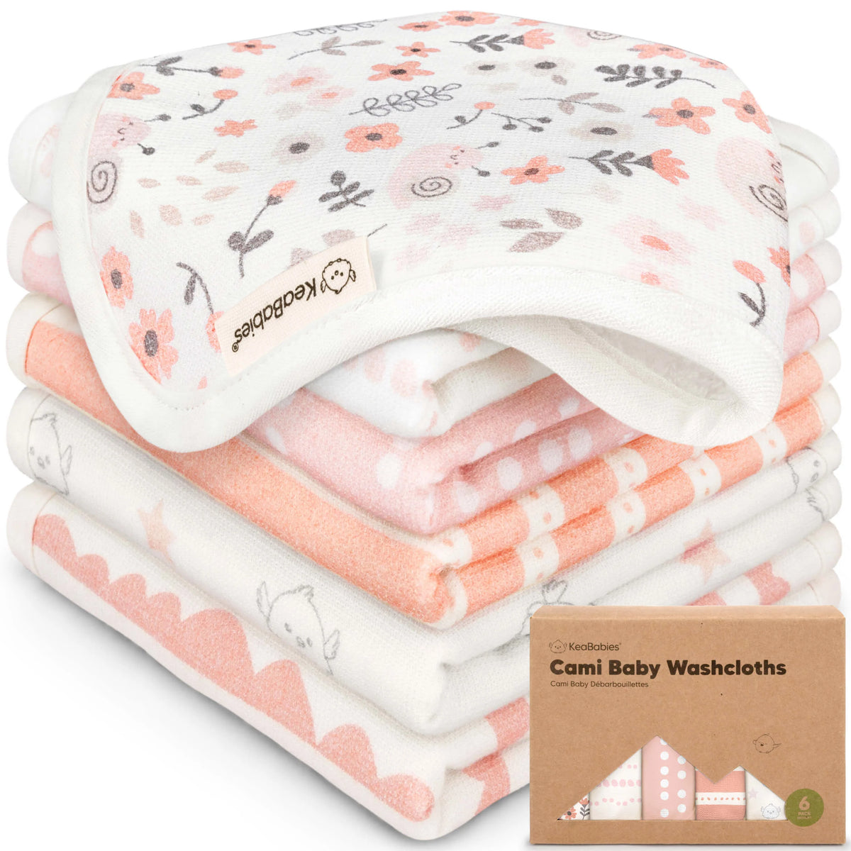 Keababies Cami Baby Washcloths (Sweet Charm, 10x10) - Pack of 6