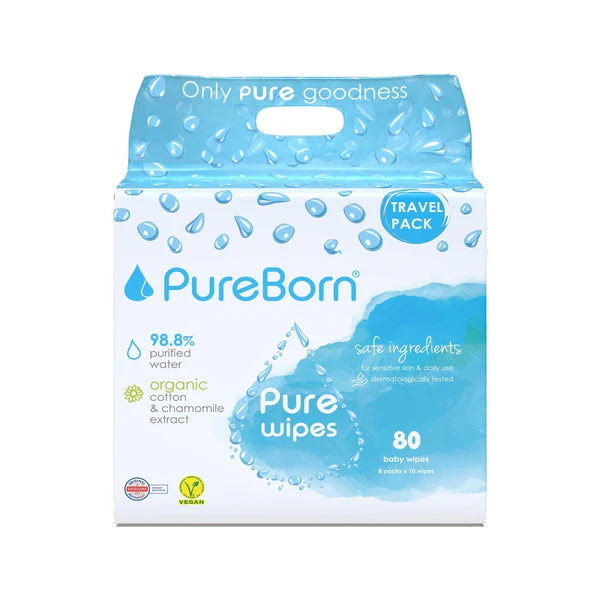 مناديل السفر المبللة بالبابونج من PureBorn، 8x10 قطع