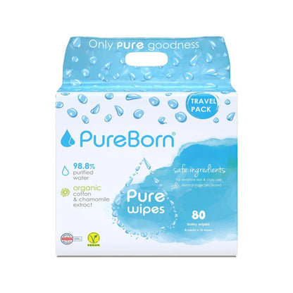 مناديل السفر المبللة بالبابونج من PureBorn، 8x10 قطع